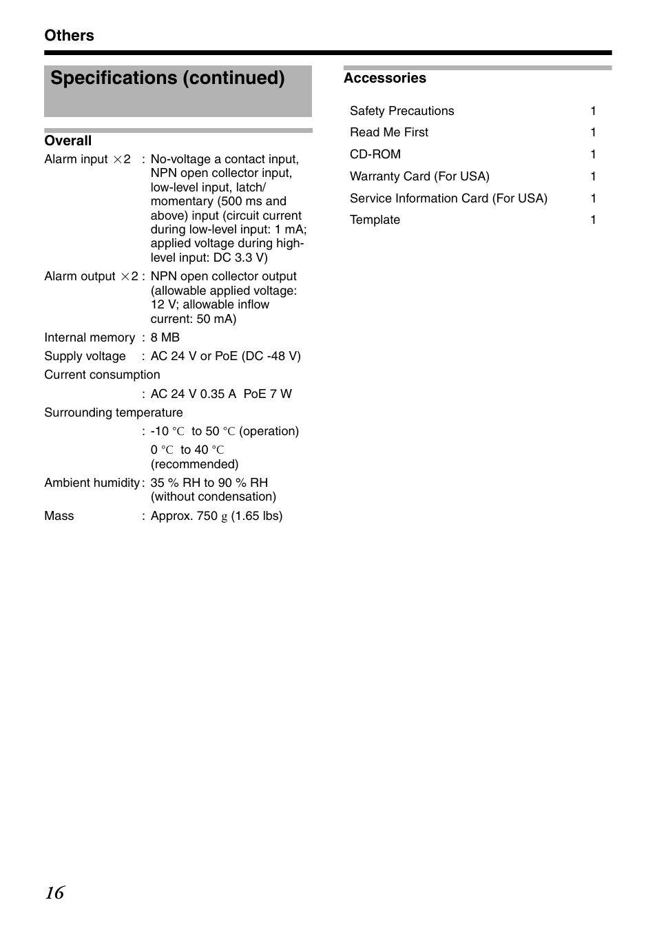 Specifications (continued) | JVC VN-V235U User Manual | Page 16 / 18