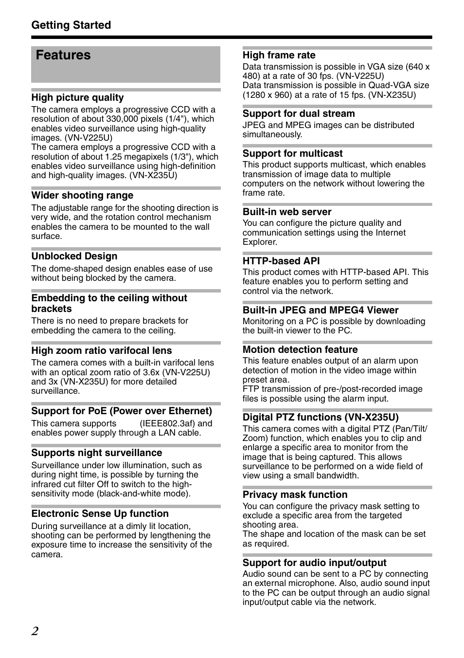 Getting started, Features | JVC VN-V235U User Manual | Page 2 / 18