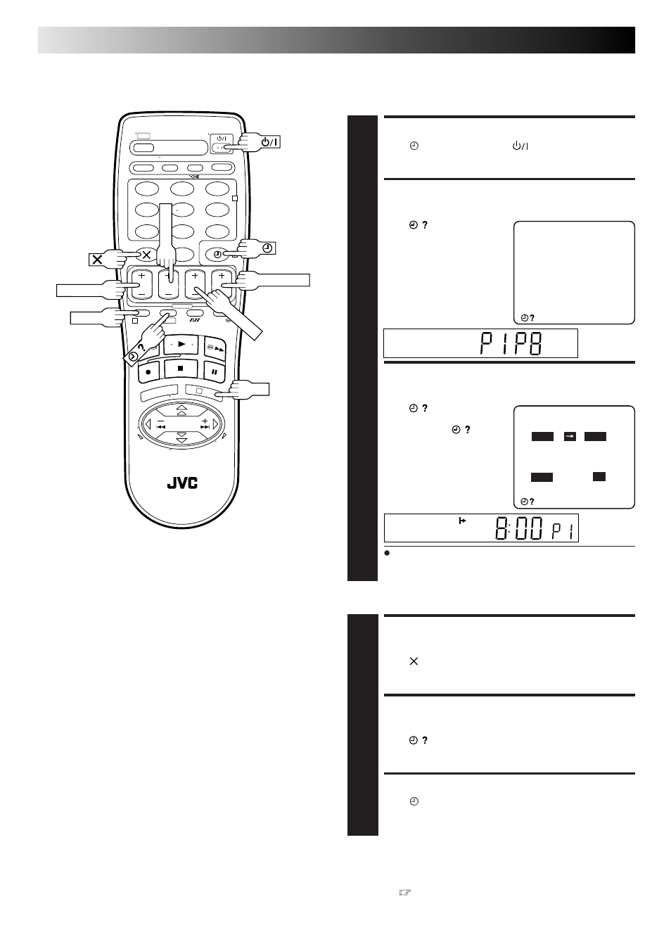 Timer recording (cont.), Check, cancel and replace programmes, Disengage timer mode | Access program check screen/display, Access program screen/ display, Cancel or replace a programme, Return to normal screen/ display, Return to timer mode | JVC HR-J260EU User Manual | Page 24 / 44