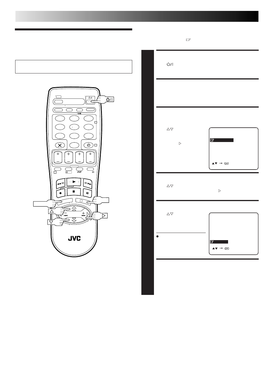 Language, Turn on the recorder, Access main menu | Access country set screen, Select country, Select language, Return to normal screen, Initial settings (cont.) | JVC HR-J260EU User Manual | Page 8 / 44