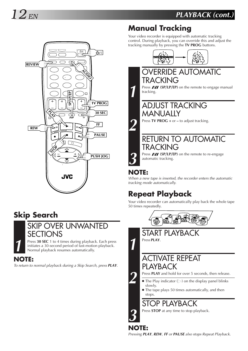 Override automatic tracking, Adjust tracking manually, Return to automatic tracking | Start playback, Activate repeat playback, Stop playback, Playback (cont.), Manual tracking, Repeat playback, Skip search | JVC HR-J658EE User Manual | Page 12 / 40