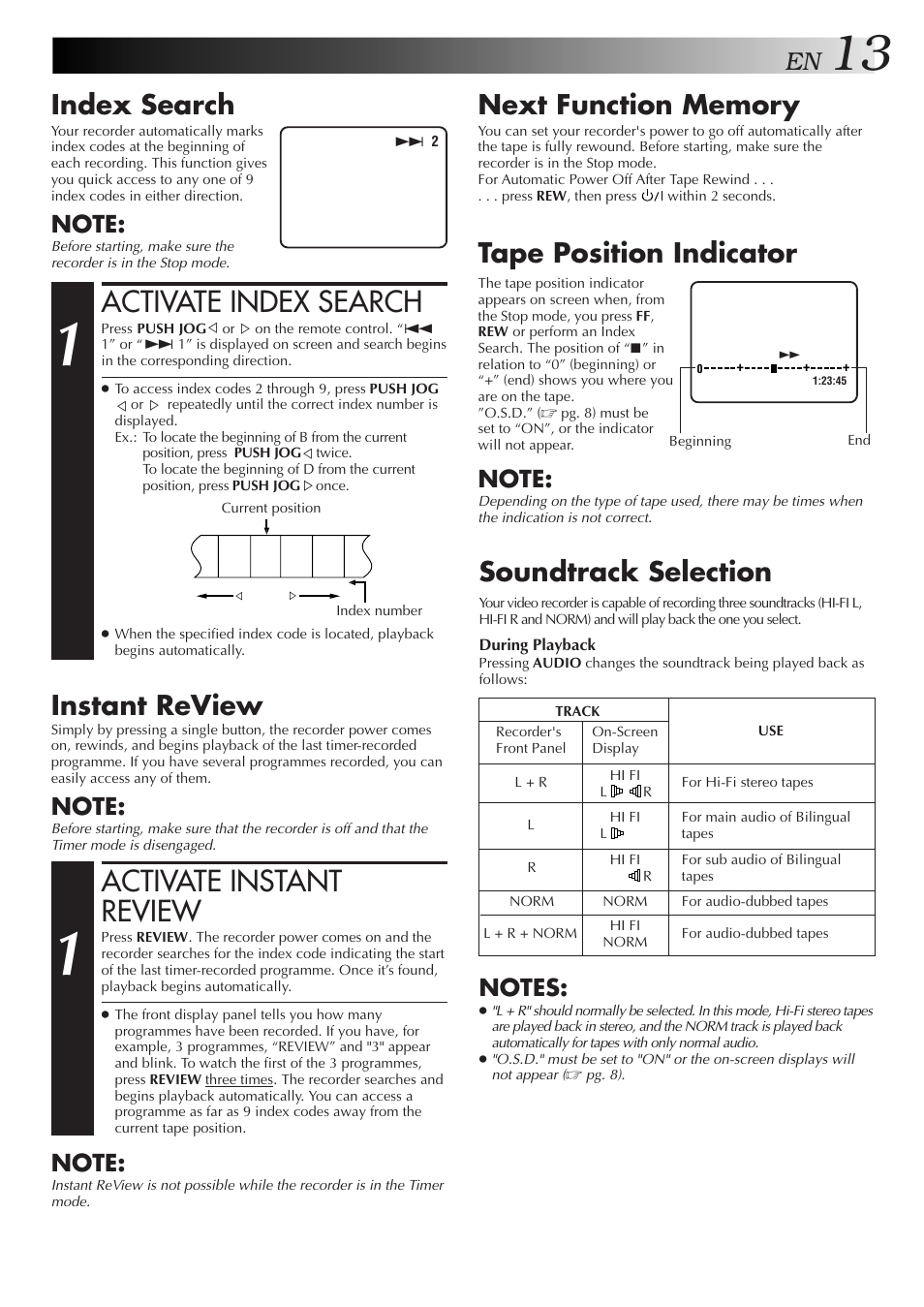 Activate index search, Activate instant review, Index search | Instant review, Tape position indicator, Soundtrack selection | JVC HR-J658EE User Manual | Page 13 / 40