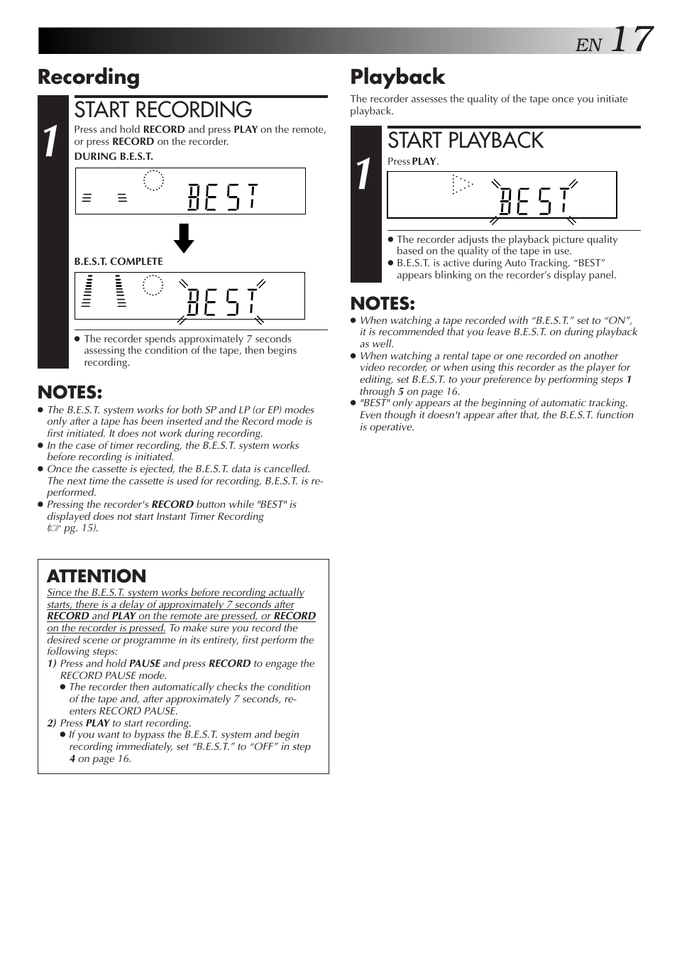 Start recording, Start playback, Recording | Playback, Attention | JVC HR-J658EE User Manual | Page 17 / 40