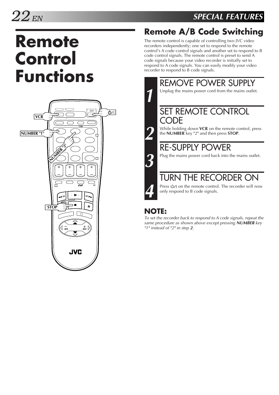 Remote control functions, Remove power supply, Set remote control code | Re-supply power, Turn the recorder on | JVC HR-J658EE User Manual | Page 22 / 40