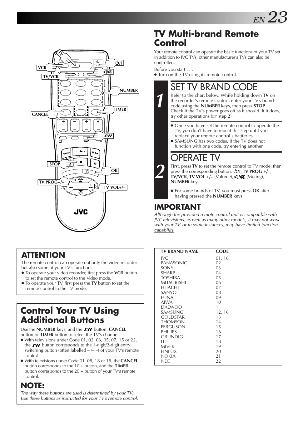 Set tv brand code, Operate tv, Control your tv using additional buttons | Tv multi-brand remote control, Important, Attention | JVC HR-J658EE User Manual | Page 23 / 40