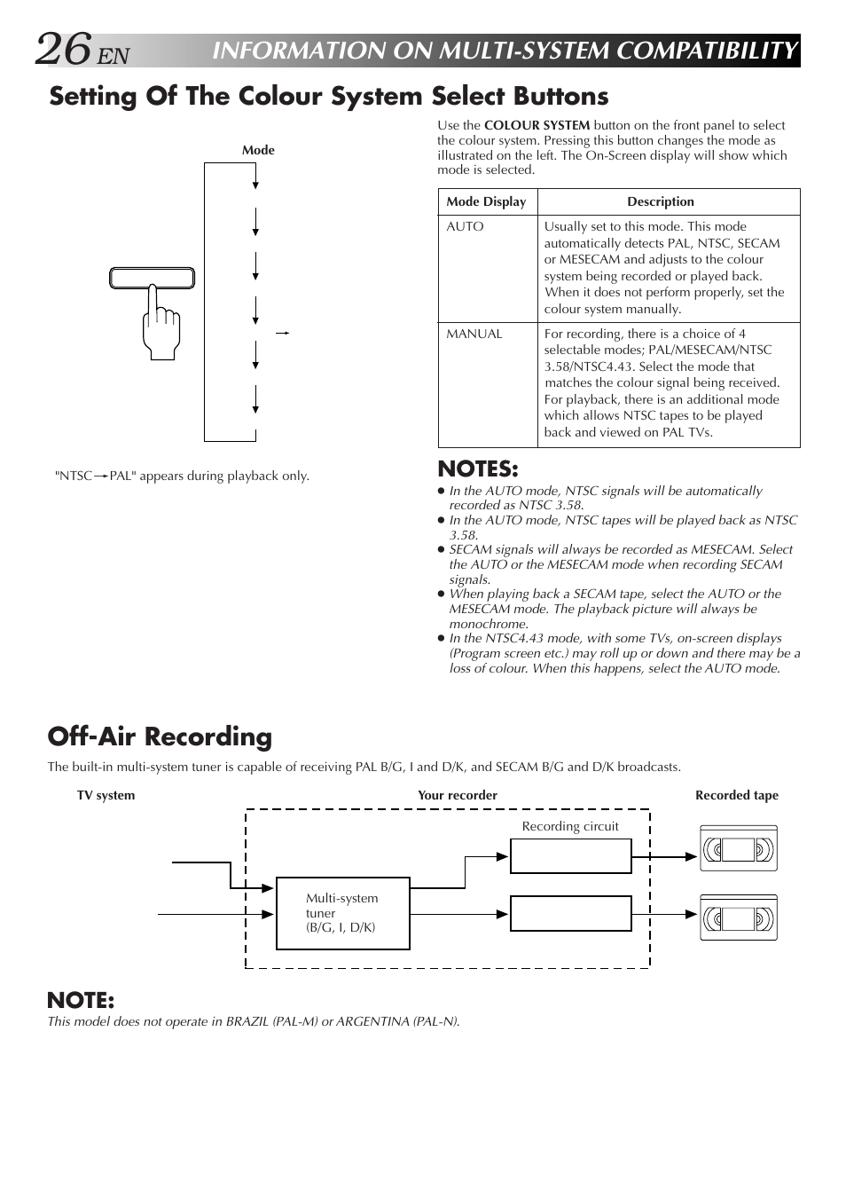 Information on multi-system compatibility, Setting of the colour system select buttons, Off-air recording | JVC HR-J658EE User Manual | Page 26 / 40