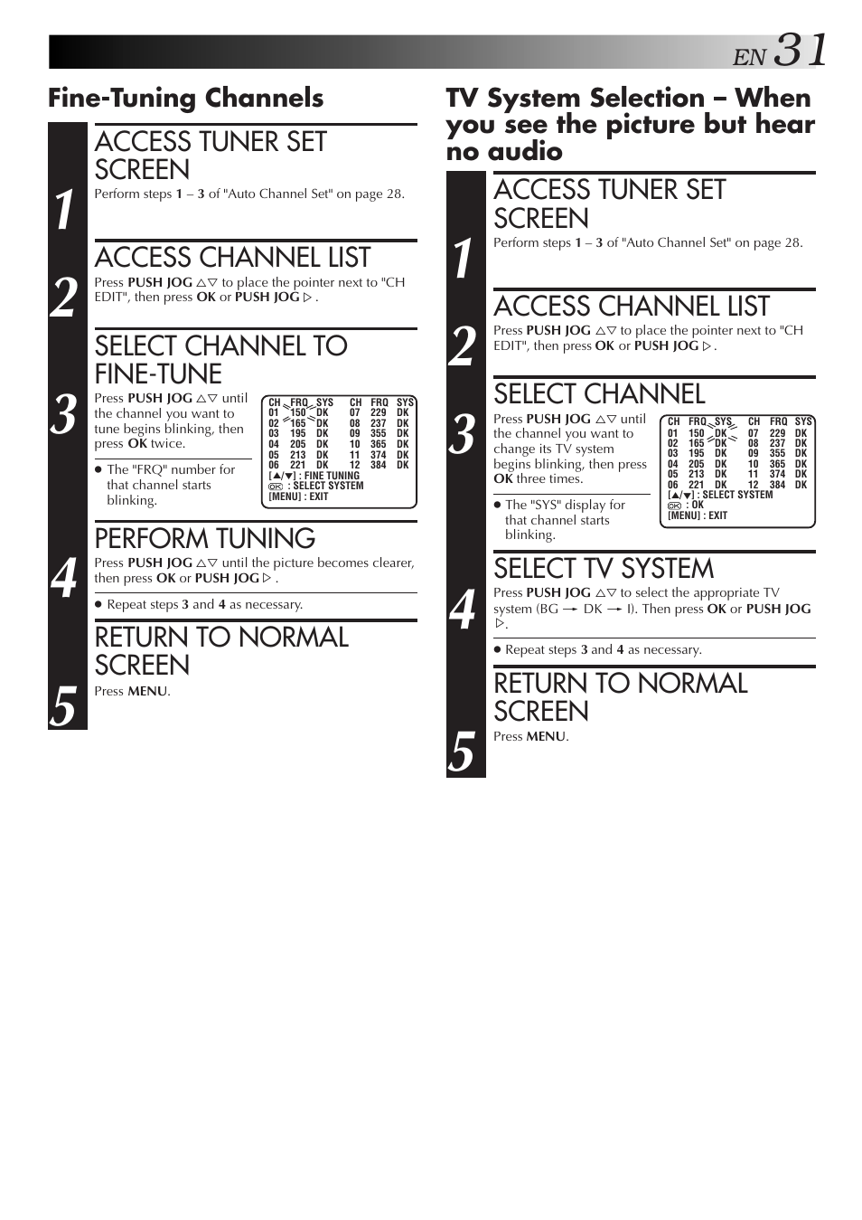 Access tuner set screen, Access channel list, Select channel to fine-tune | Perform tuning, Return to normal screen, Select channel, Select tv system, Fine-tuning channels | JVC HR-J658EE User Manual | Page 31 / 40