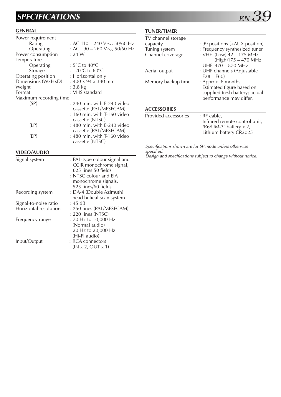 Specifications | JVC HR-J658EE User Manual | Page 39 / 40