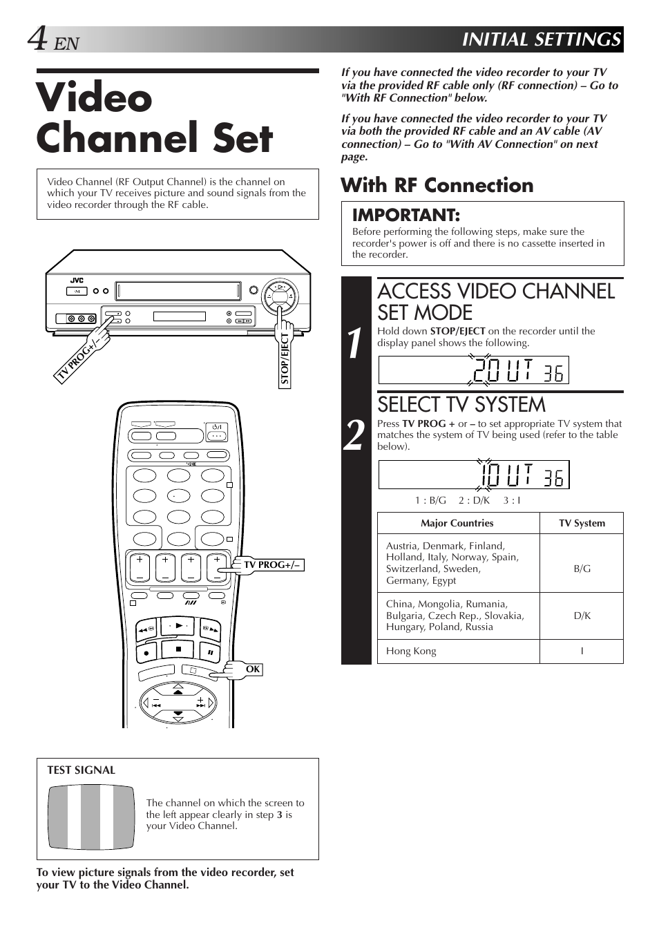 Video channel set, Access video channel set mode, Select tv system | Initial settings, With rf connection, Important | JVC HR-J658EE User Manual | Page 4 / 40
