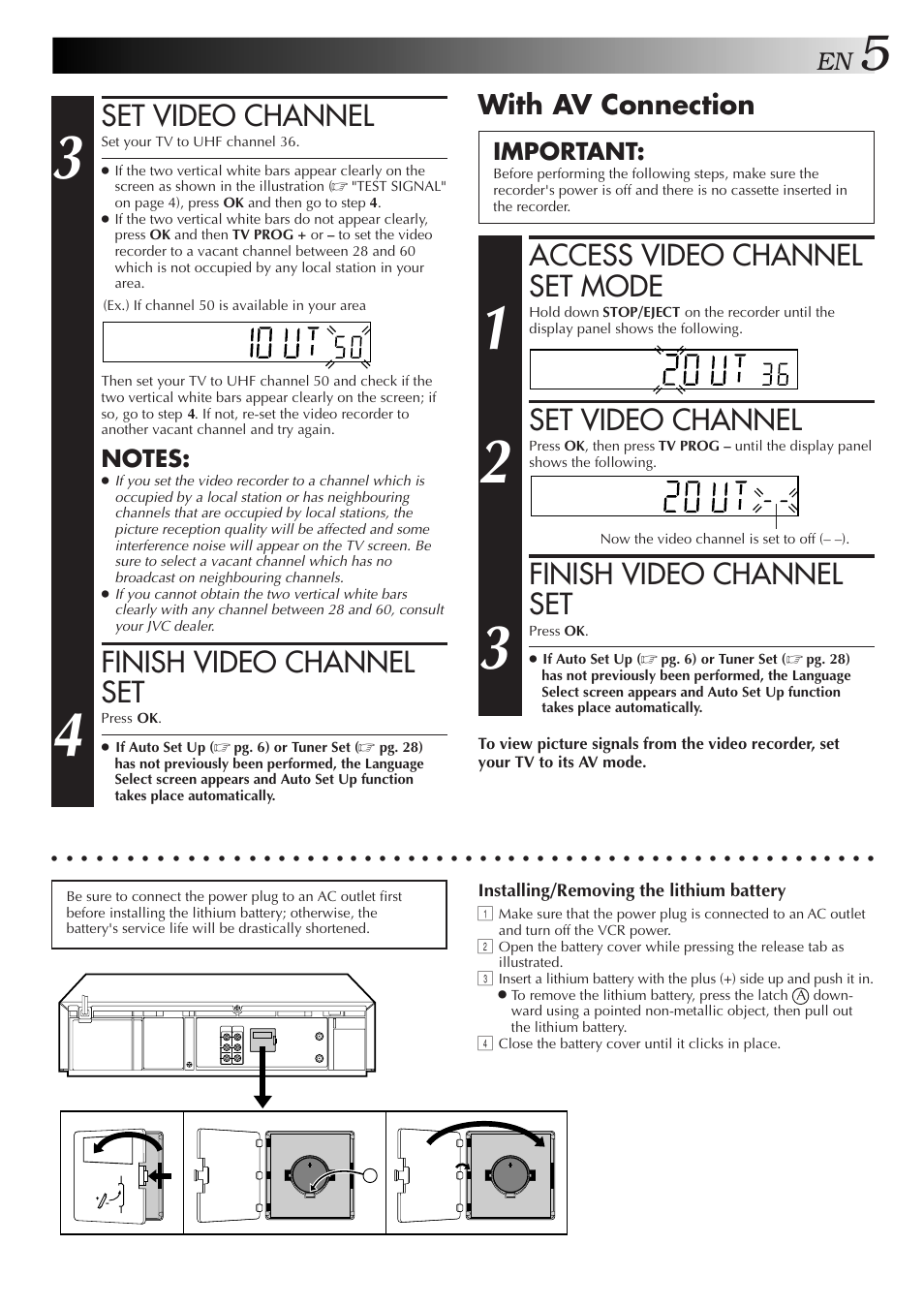 Set video channel, Finish video channel set, Access video channel set mode | With av connection, Important, Installing/removing the lithium battery | JVC HR-J658EE User Manual | Page 5 / 40