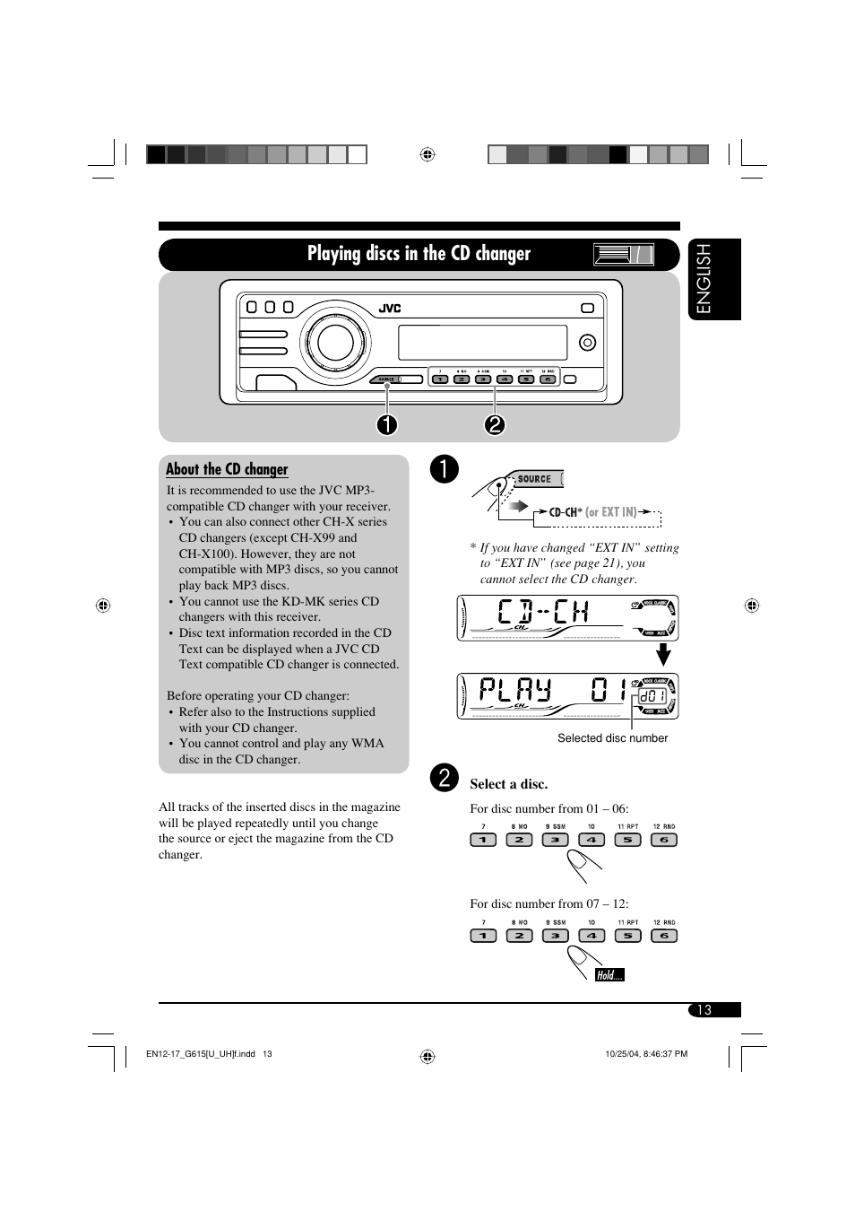 Playing discs in the cd changer, English | JVC KD-G615 User Manual | Page 13 / 36