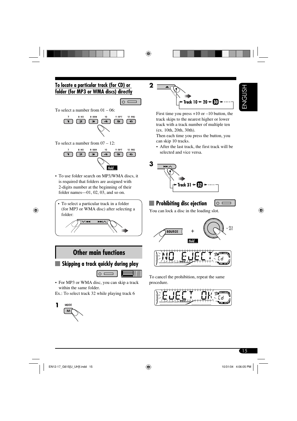 Other main functions, English, Skipping a track quickly during play | Prohibiting disc ejection | JVC KD-G615 User Manual | Page 15 / 36