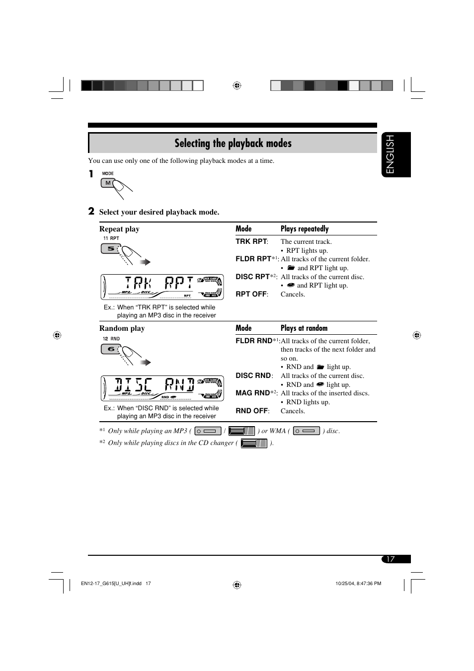Selecting the playback modes, English | JVC KD-G615 User Manual | Page 17 / 36