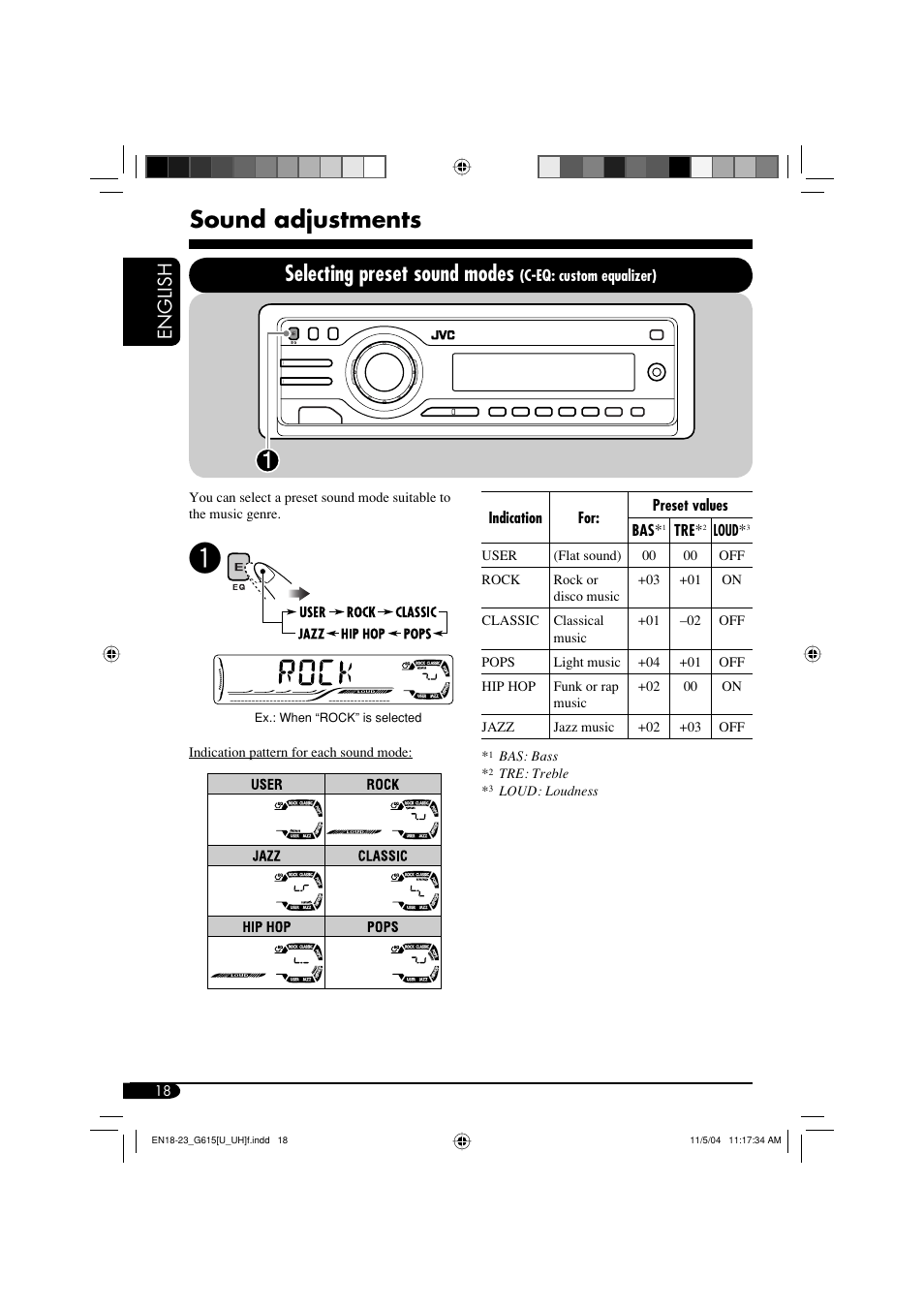 Sound adjustments, Selecting preset sound modes, English | JVC KD-G615 User Manual | Page 18 / 36