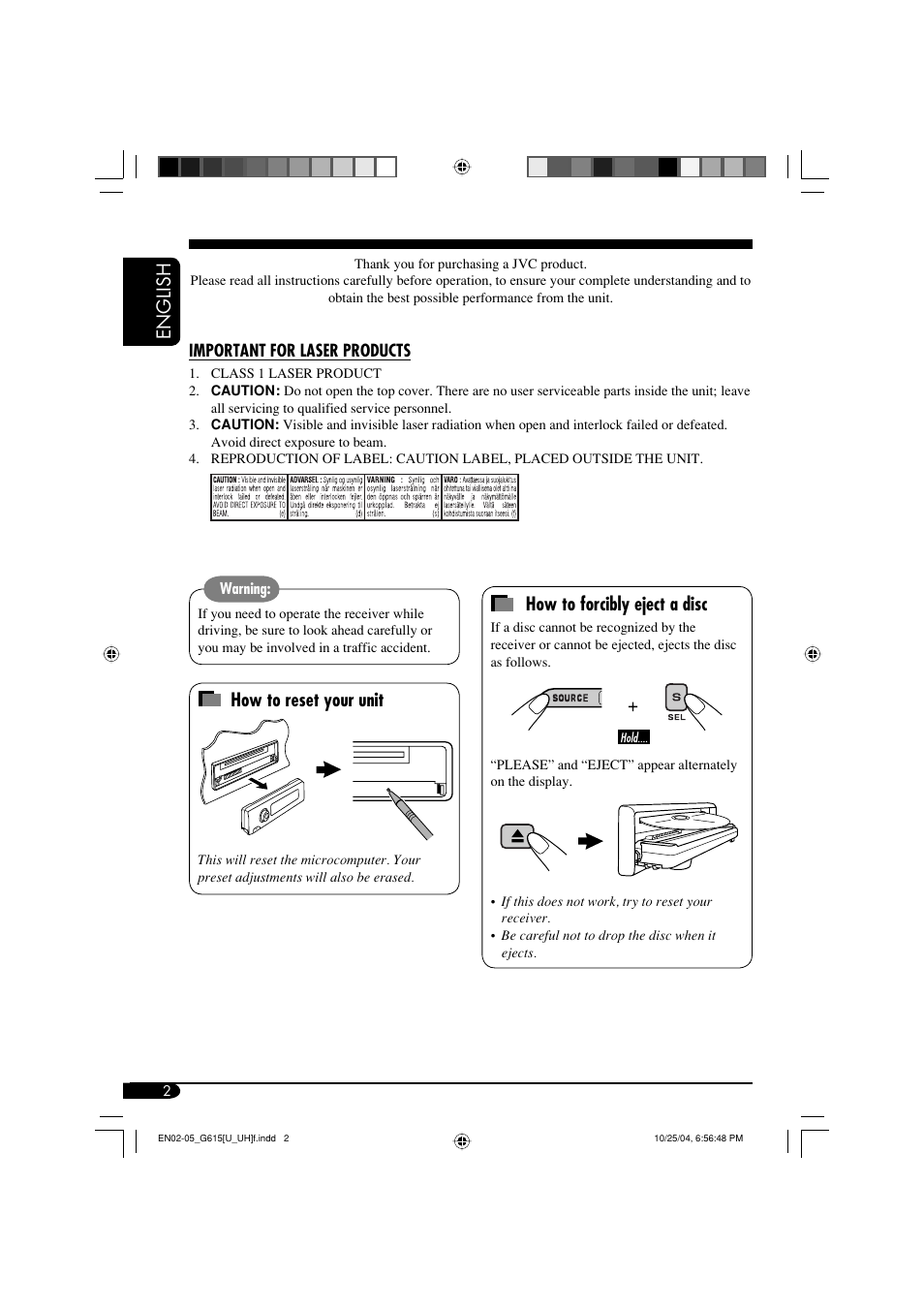 Important for laser products, English how to forcibly eject a disc, How to reset your unit | JVC KD-G615 User Manual | Page 2 / 36