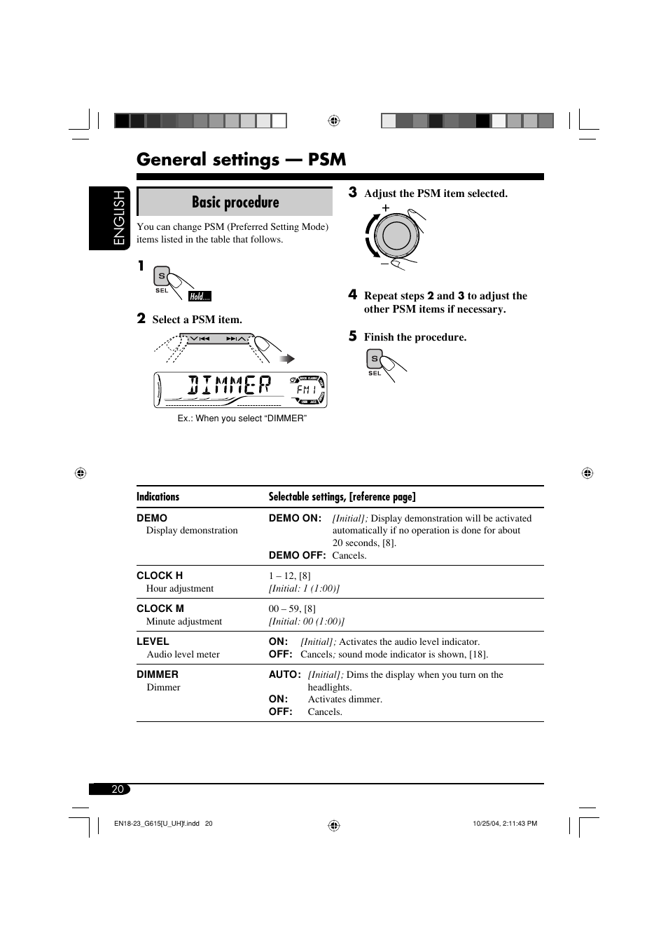 General settings, General settings — psm, Basic procedure | English | JVC KD-G615 User Manual | Page 20 / 36