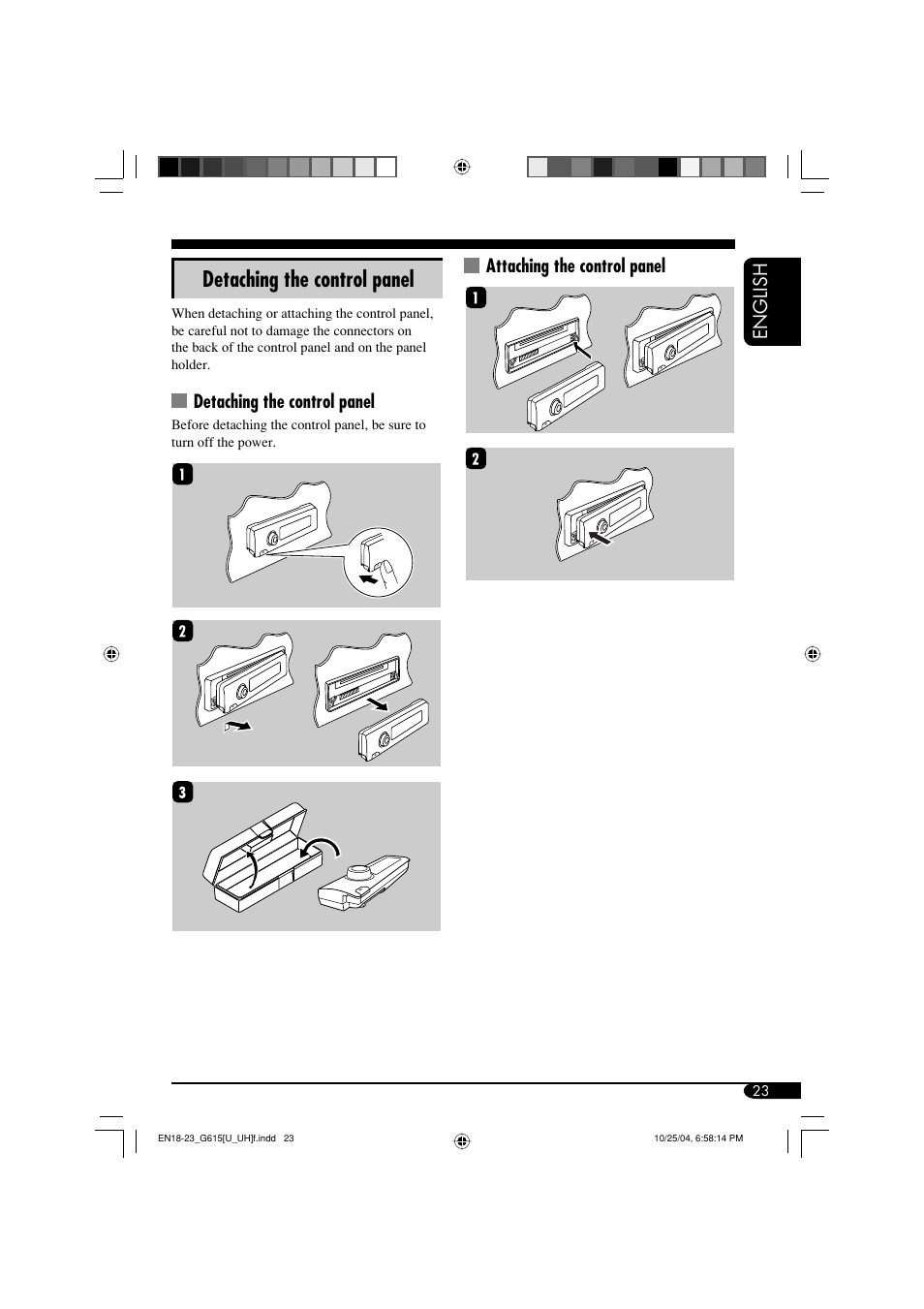 Detaching the control panel, English, Attaching the control panel | JVC KD-G615 User Manual | Page 23 / 36