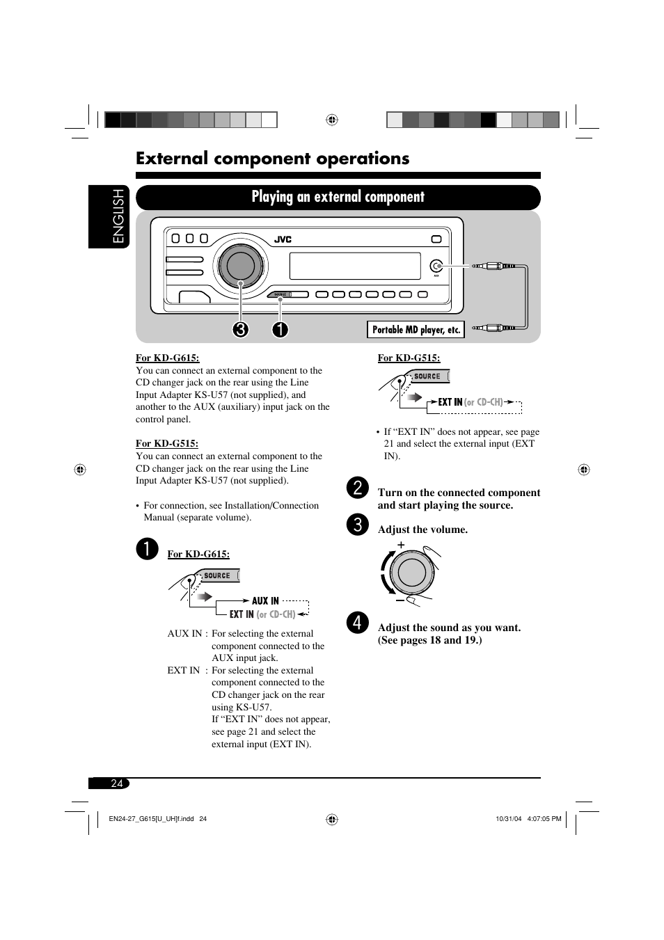 External component operations, Playing an external component | JVC KD-G615 User Manual | Page 24 / 36