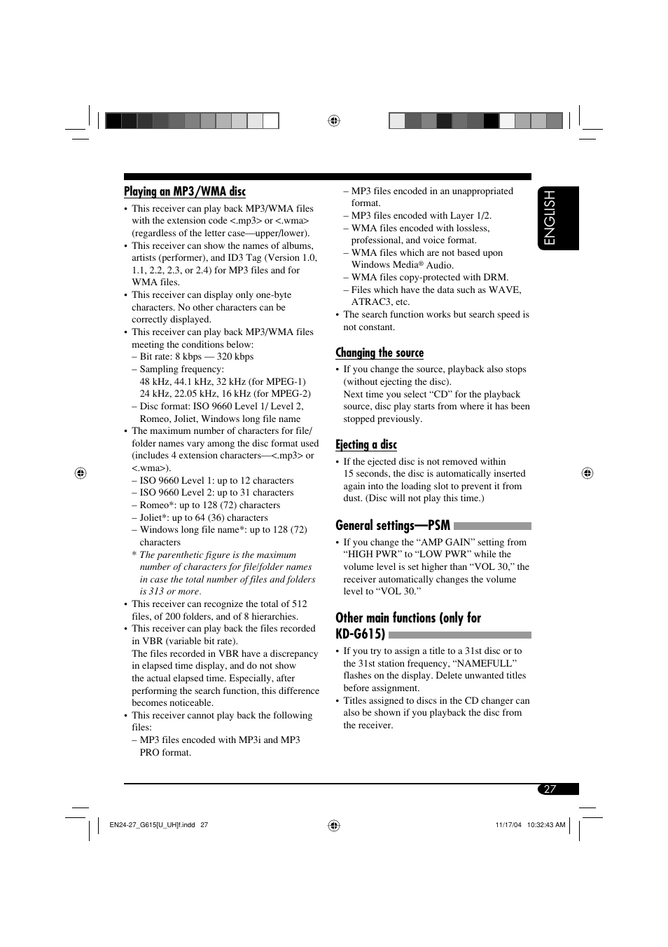 English, General settings—psm, Other main functions (only for kd-g615) | JVC KD-G615 User Manual | Page 27 / 36
