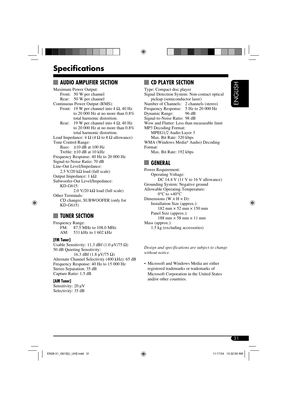 Specifications, English, General | JVC KD-G615 User Manual | Page 31 / 36