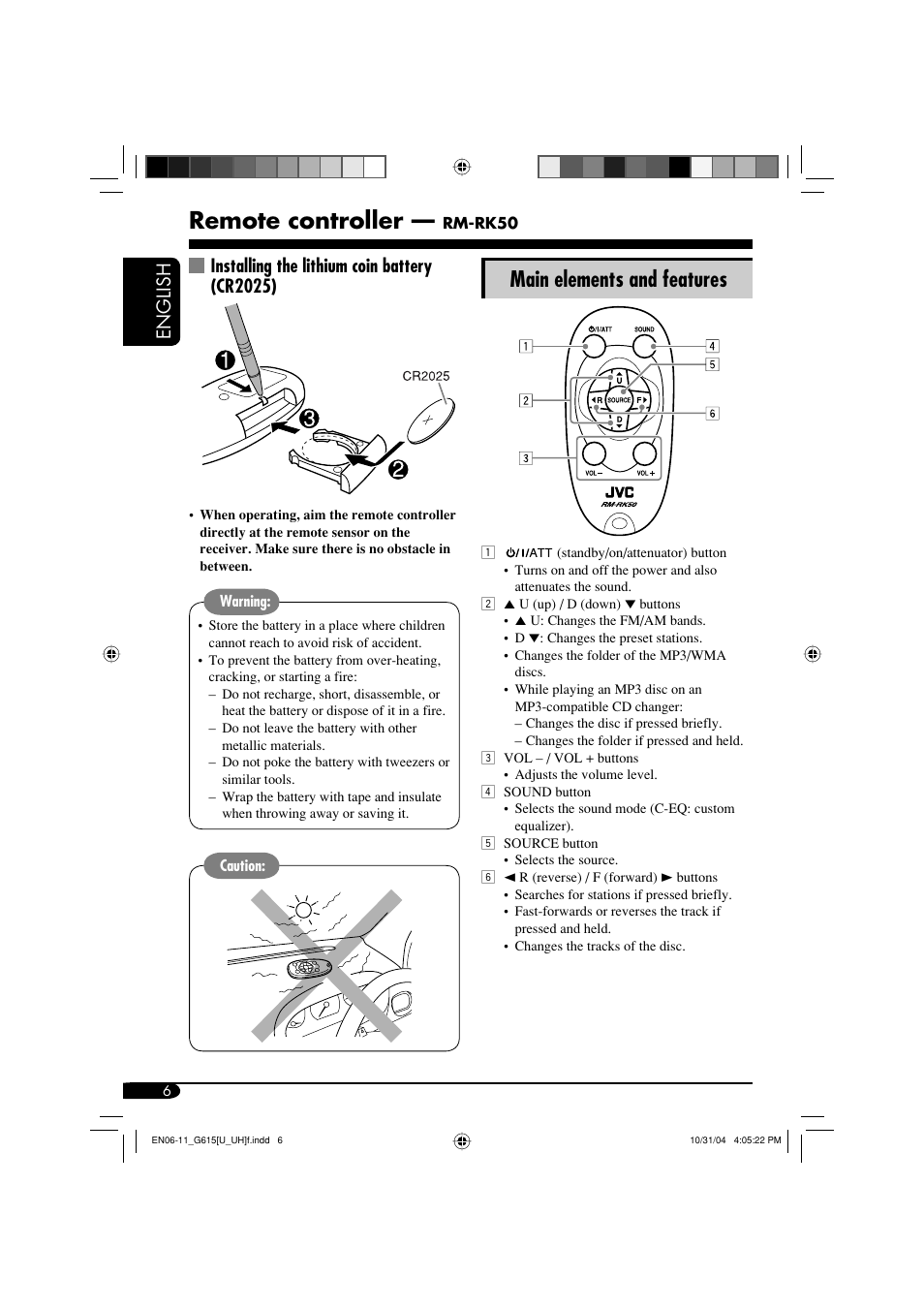 Remote controller, Main elements and features, English | Installing the lithium coin battery (cr2025) | JVC KD-G615 User Manual | Page 6 / 36