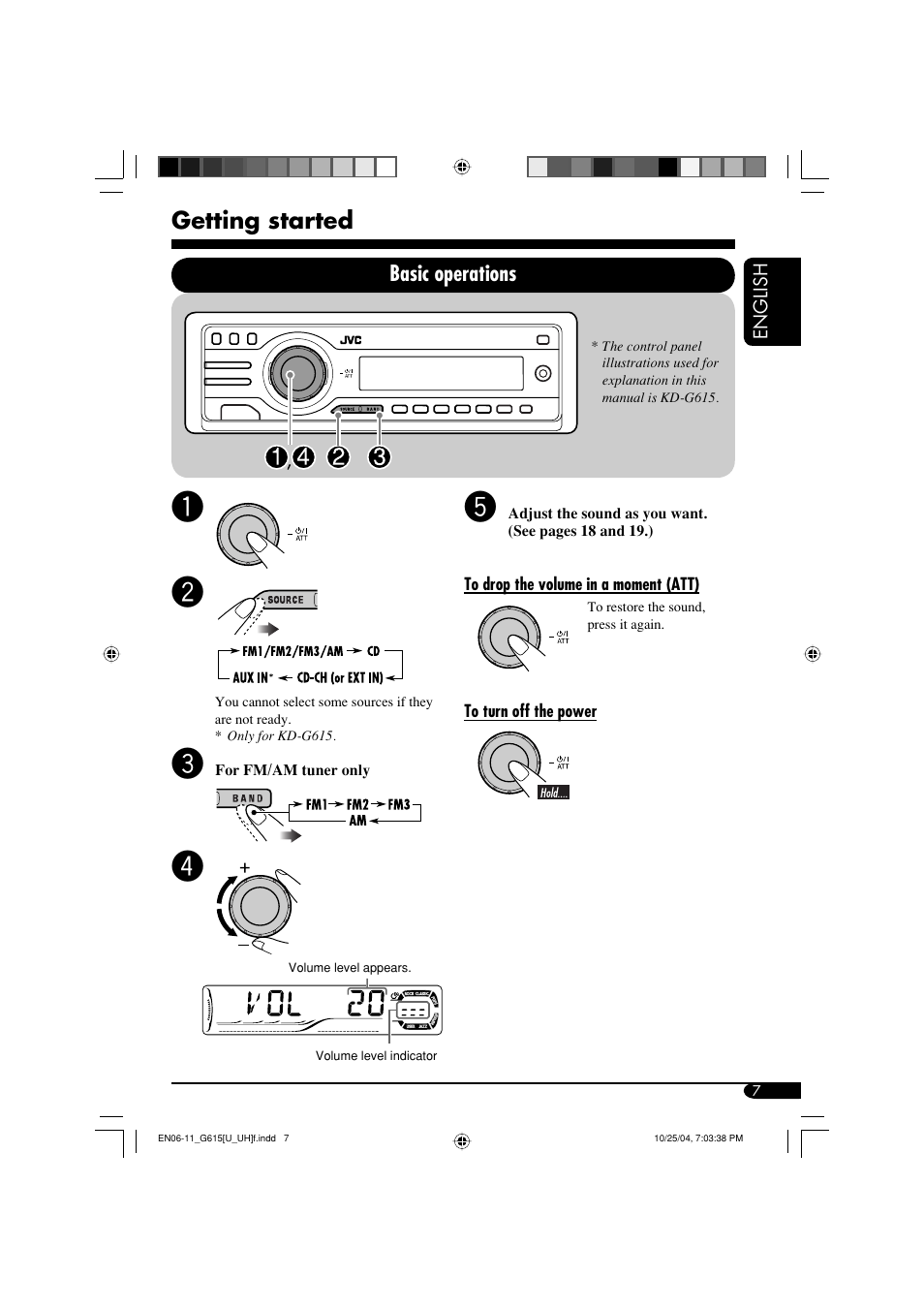 Getting started, Basic operations | JVC KD-G615 User Manual | Page 7 / 36