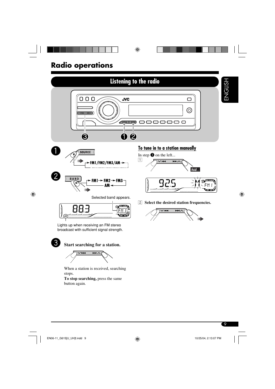 Radio operations, Listening to the radio | JVC KD-G615 User Manual | Page 9 / 36