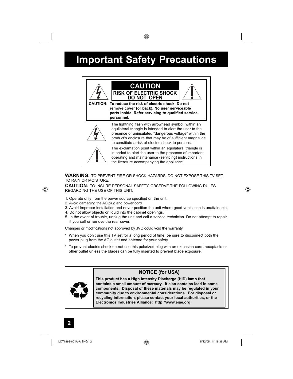 Important safety precautions, Caution | JVC HD-52G886 User Manual | Page 2 / 100