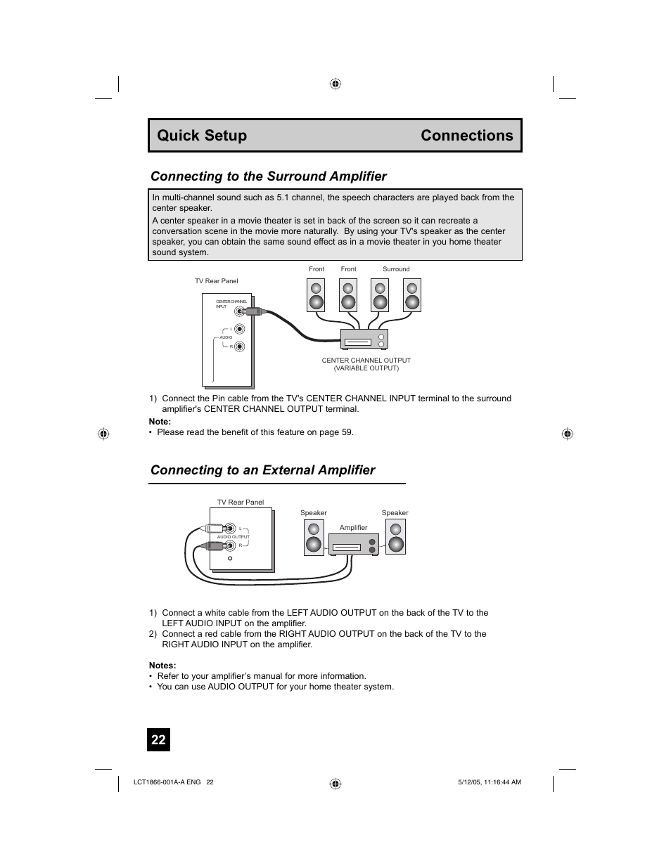Quick setup connections, Connecting to the surround amplifier, Connecting to an external amplifier | JVC HD-52G886 User Manual | Page 22 / 100