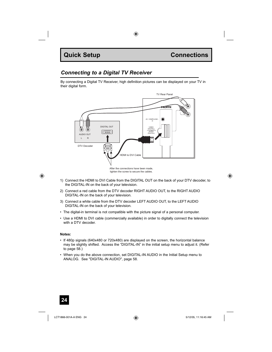 Quick setup connections, Connecting to a digital tv receiver | JVC HD-52G886 User Manual | Page 24 / 100