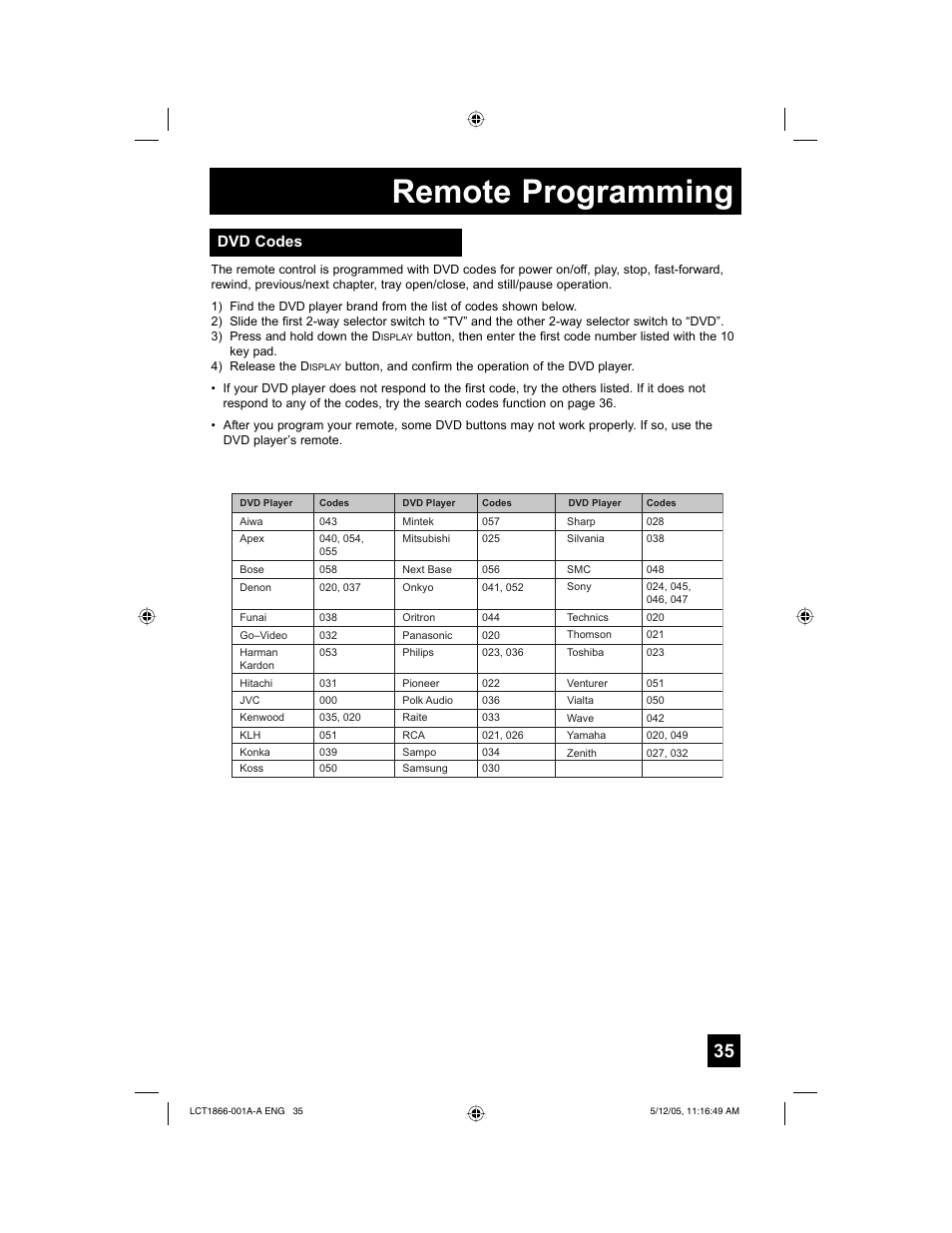 Remote programming, Dvd codes | JVC HD-52G886 User Manual | Page 35 / 100