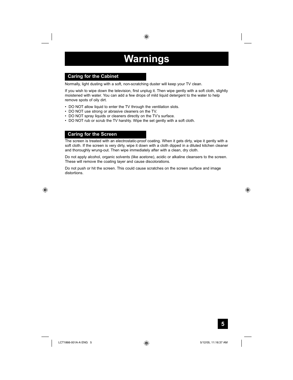 Warnings | JVC HD-52G886 User Manual | Page 5 / 100