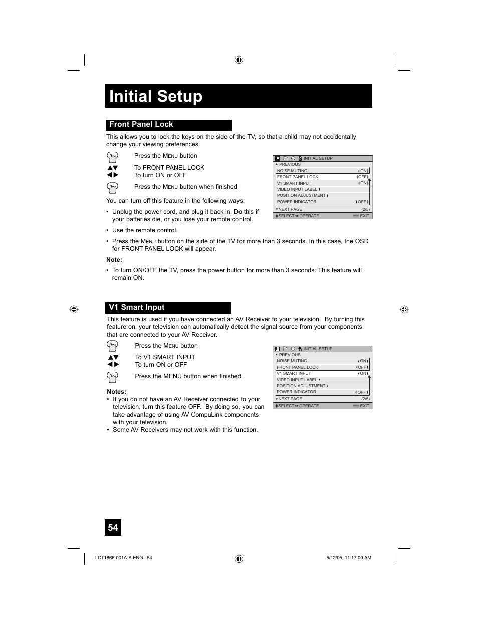 Initial setup, Front panel lock, V1 smart input | JVC HD-52G886 User Manual | Page 54 / 100