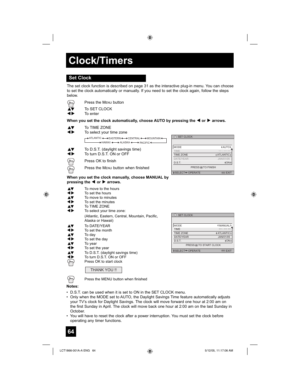 Clock/timers, Set clock | JVC HD-52G886 User Manual | Page 64 / 100