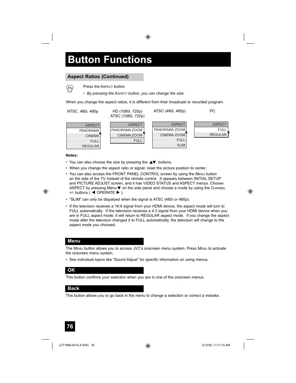 Button functions | JVC HD-52G886 User Manual | Page 76 / 100