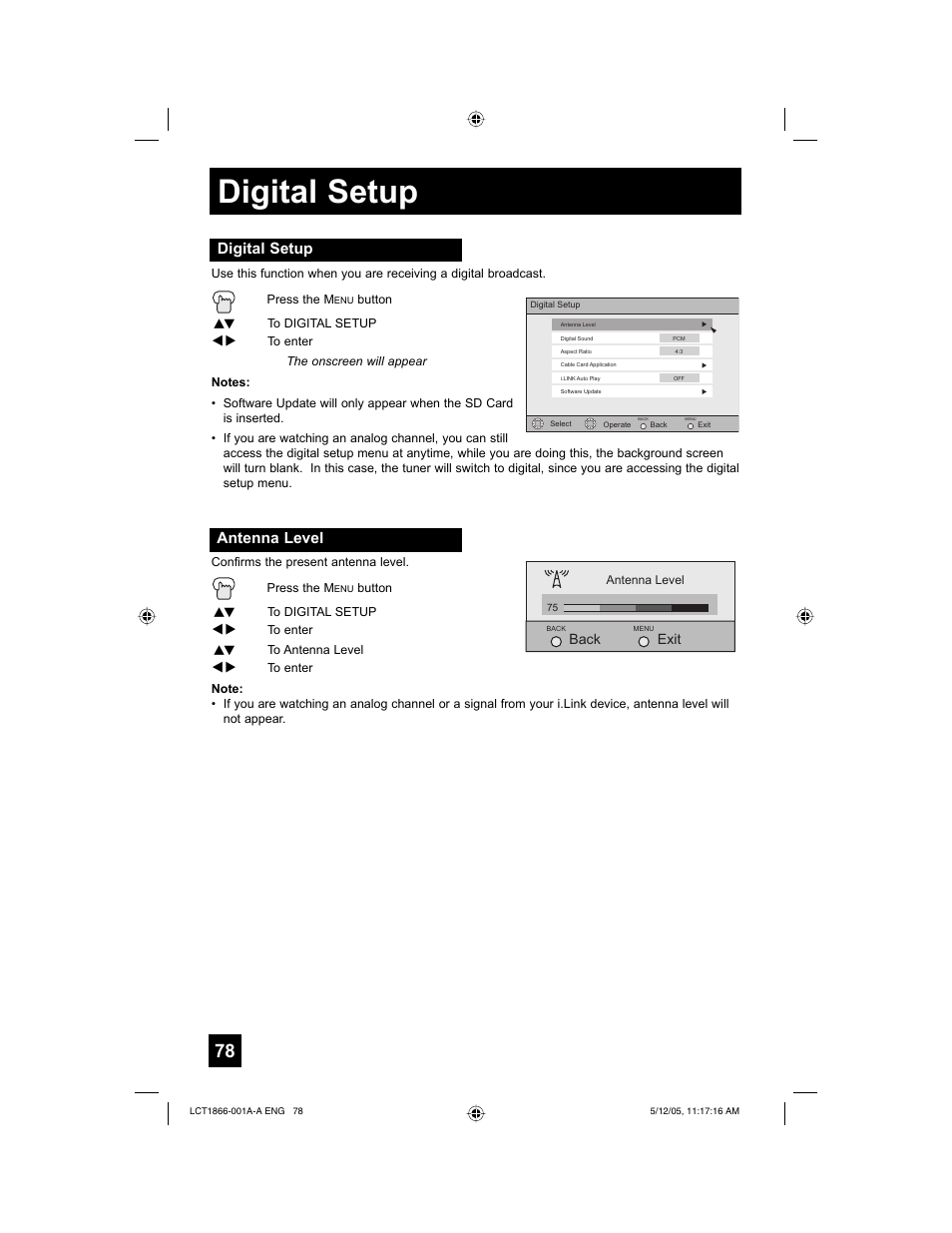 Digital setup, Antenna level | JVC HD-52G886 User Manual | Page 78 / 100