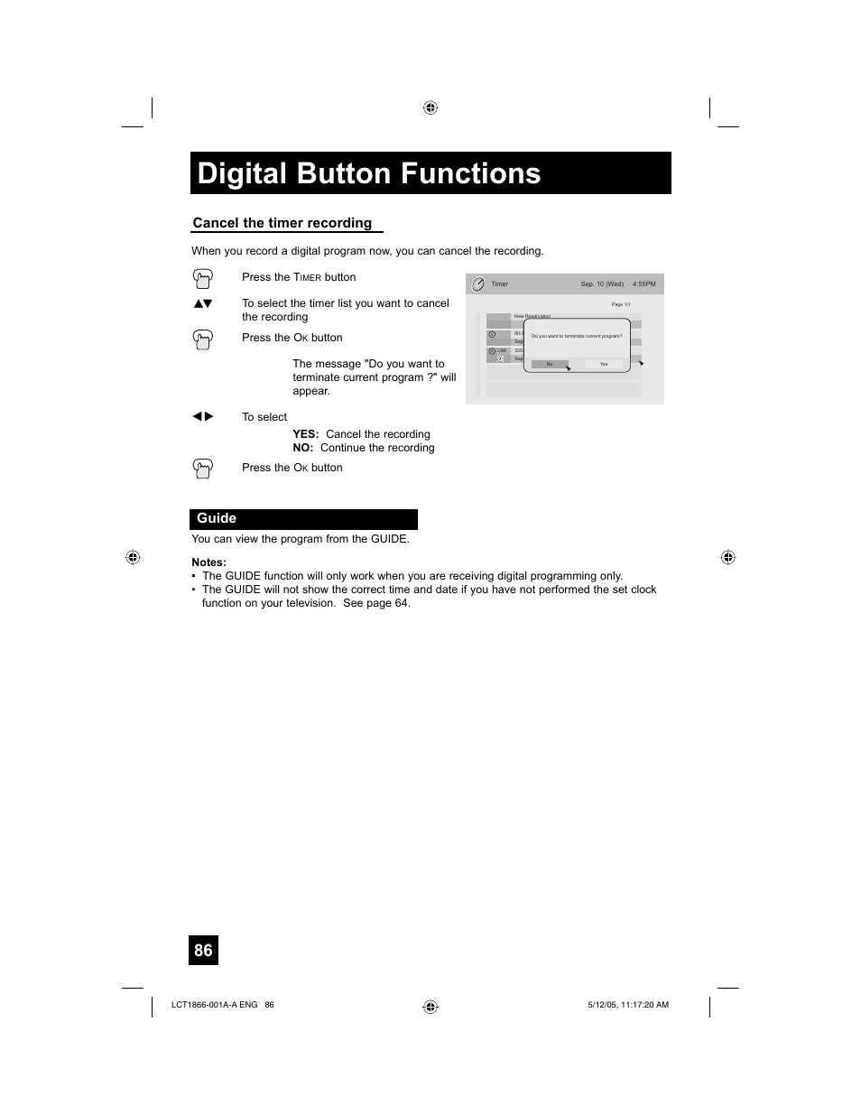 Digital button functions, Guide, Cancel the timer recording | JVC HD-52G886 User Manual | Page 86 / 100