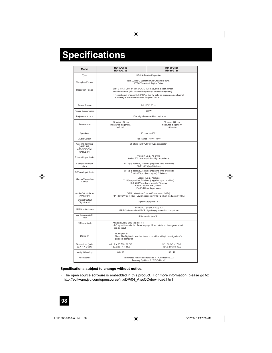 Specifications | JVC HD-52G886 User Manual | Page 98 / 100