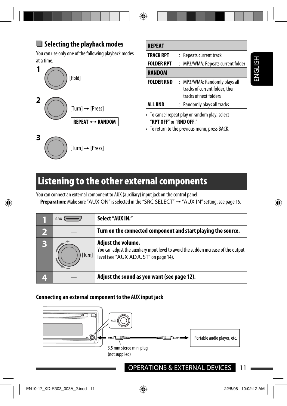 Listening to the other external components, Selecting the playback modes | JVC KD-R303 User Manual | Page 11 / 148