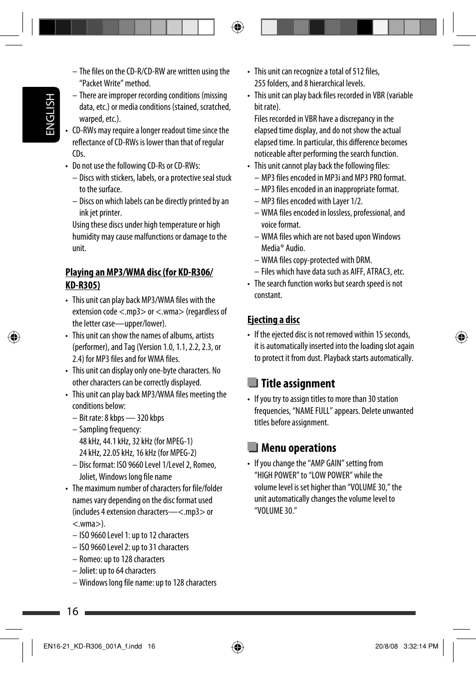 Title assignment, Menu operations, English 16 | JVC KD-R303 User Manual | Page 110 / 148