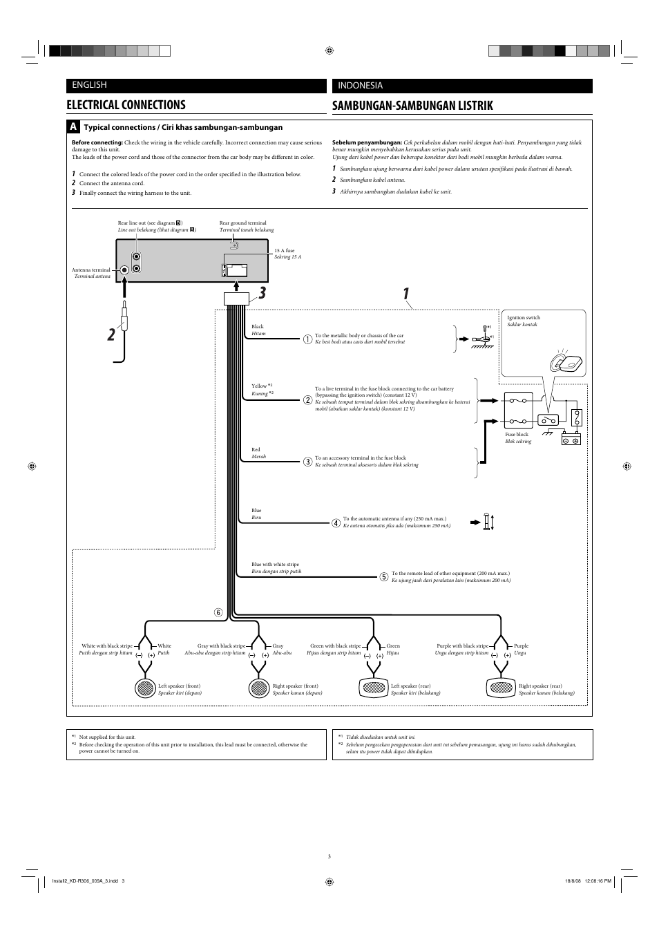 Electrical connections, Sambungan-sambungan listrik, English | Indonesia | JVC KD-R303 User Manual | Page 119 / 148