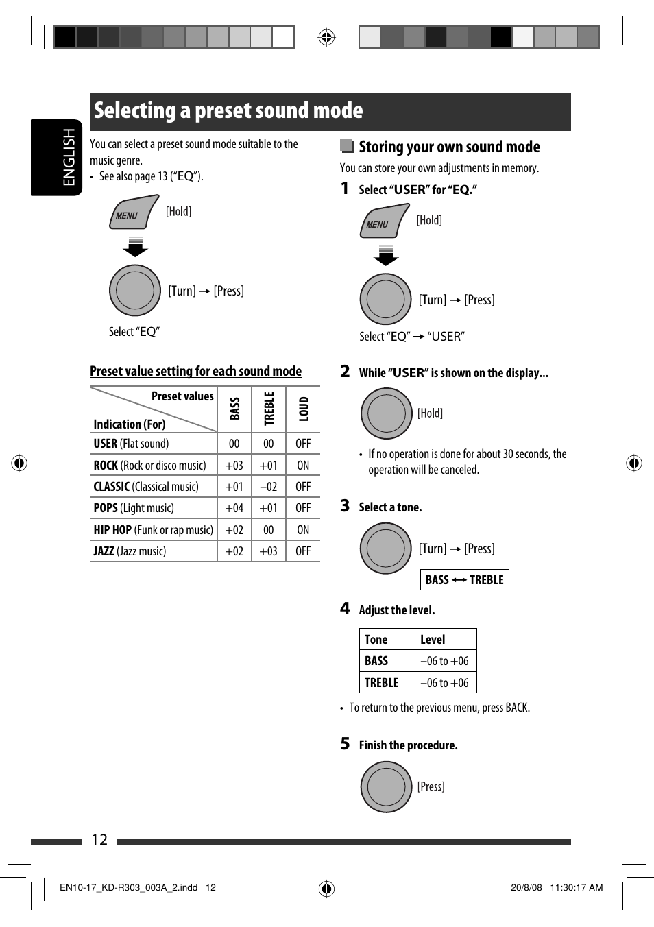 Selecting a preset sound mode, Storing your own sound mode | JVC KD-R303 User Manual | Page 12 / 148