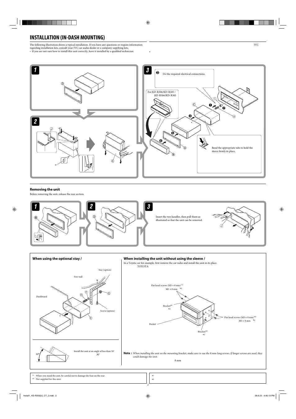 Installation (in-dash mounting), When using the optional stay, Removing the unit | When installing the unit without using the sleeve | JVC KD-R303 User Manual | Page 122 / 148