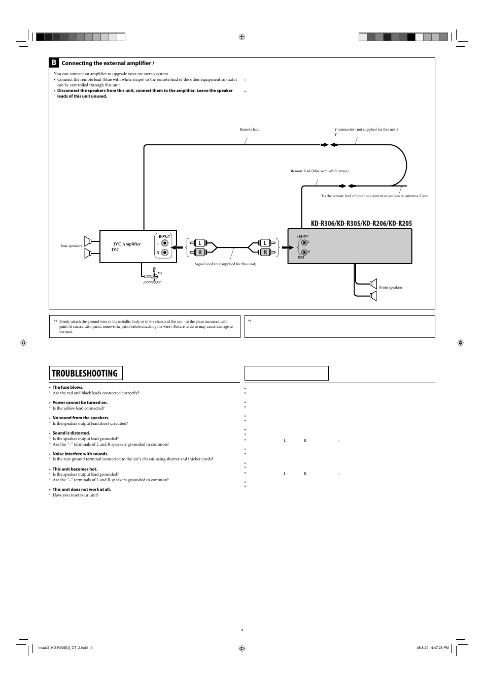 Troubleshooting, Connecting the external amplifier | JVC KD-R303 User Manual | Page 128 / 148