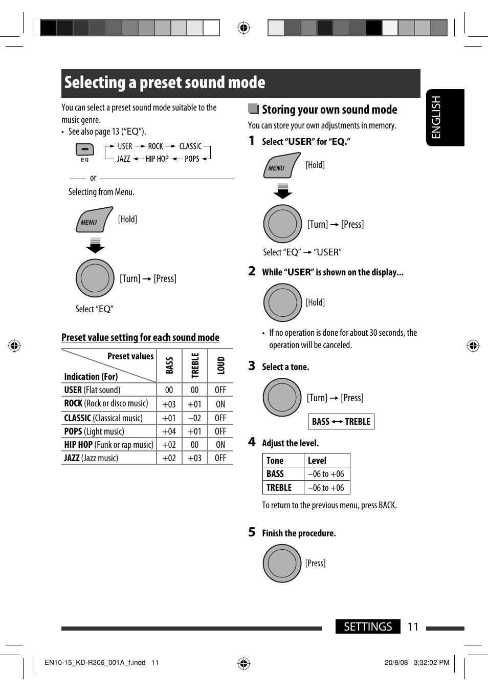 Selecting a preset sound mode, Storing your own sound mode | JVC KD-R303 User Manual | Page 129 / 148