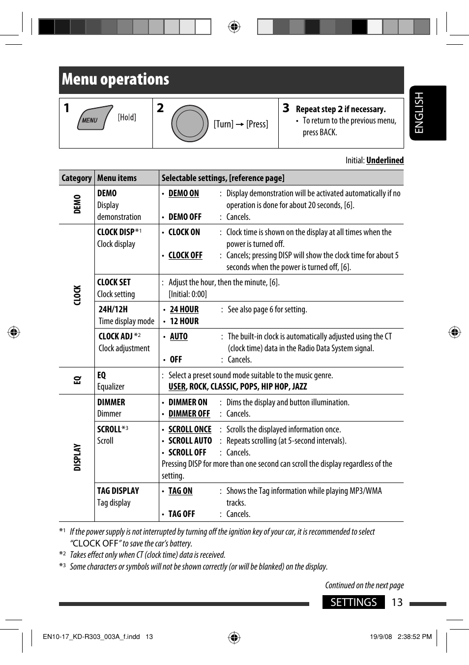 Menu operations, English 13 settings | JVC KD-R303 User Manual | Page 13 / 148