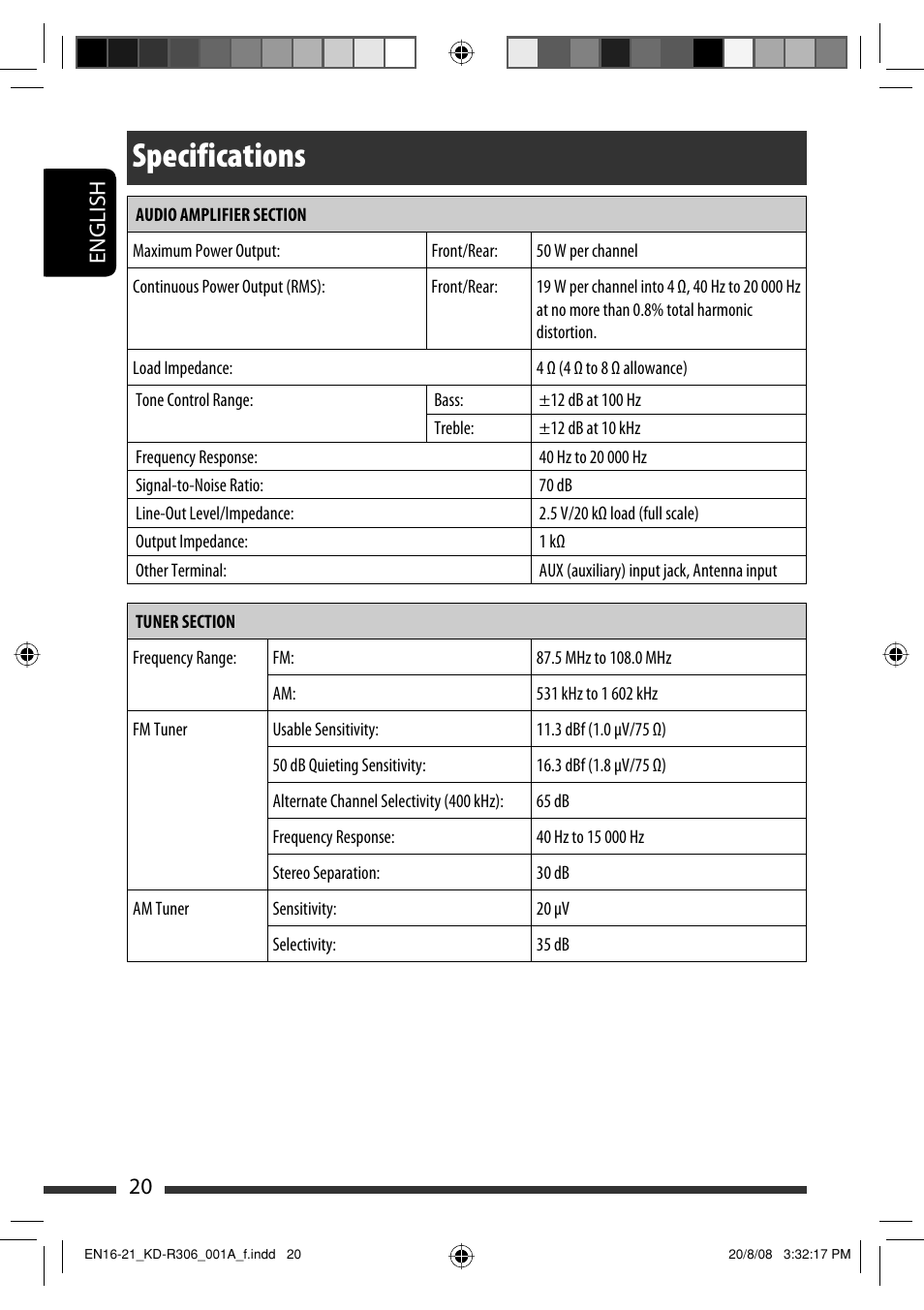 Specifications, English 20 | JVC KD-R303 User Manual | Page 138 / 148