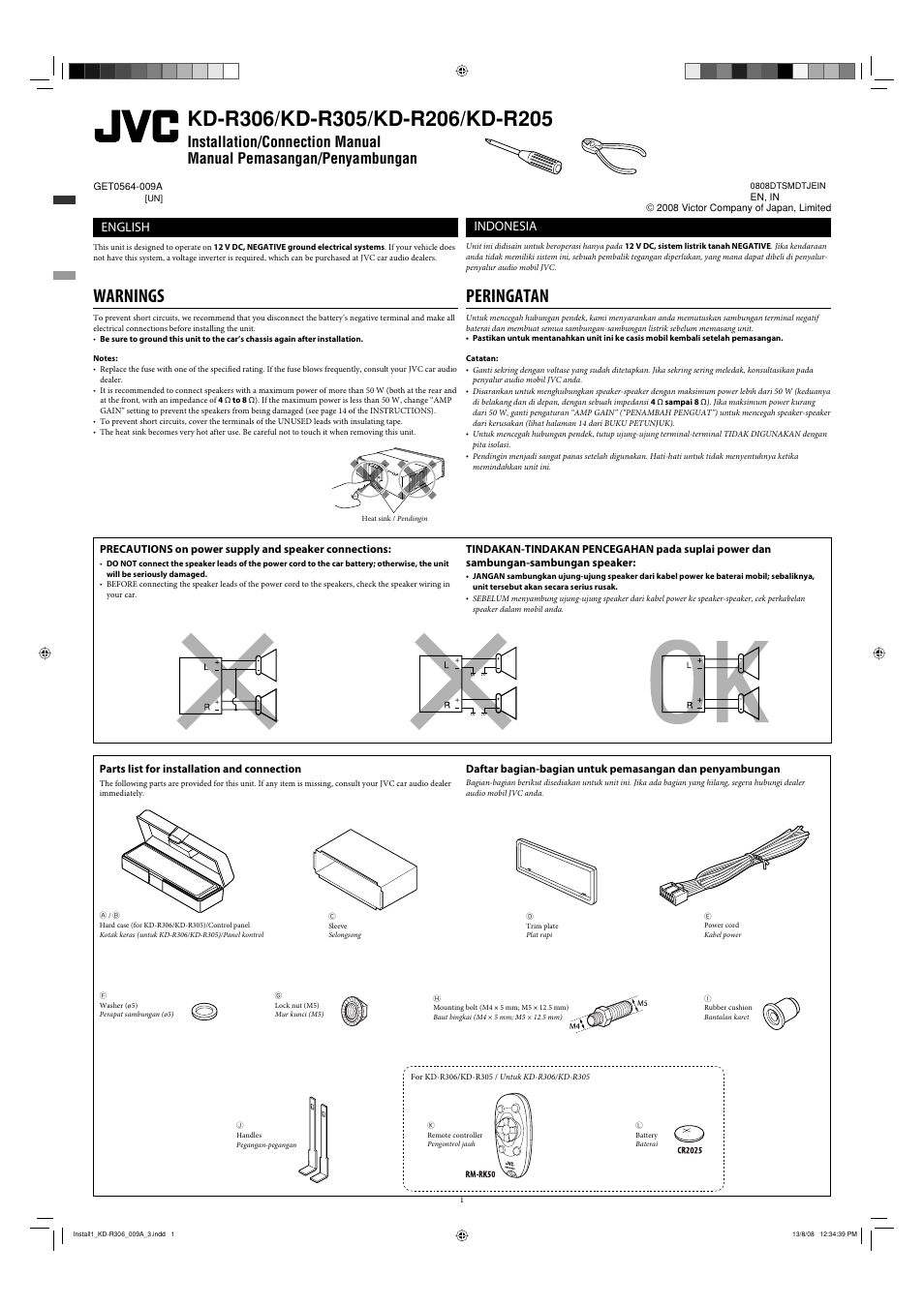 Warnings, Peringatan, English | Indonesia, Parts list for installation and connection | JVC KD-R303 User Manual | Page 141 / 148