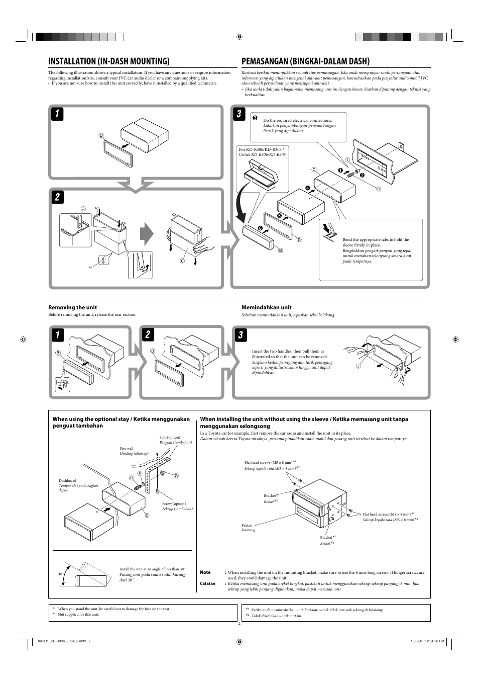 Installation (in-dash mounting), Pemasangan (bingkai-dalam dash), Removing the unit | Memindahkan unit | JVC KD-R303 User Manual | Page 142 / 148