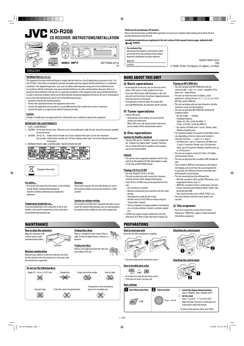 Kd-r208 j, Instructions/installation, Information (for u.s.a.) | Maintenance, More about this unit, Preparations, Kd-r208, Cd receiver: instructions/installation, English, Basic operations | JVC KD-R303 User Manual | Page 145 / 148